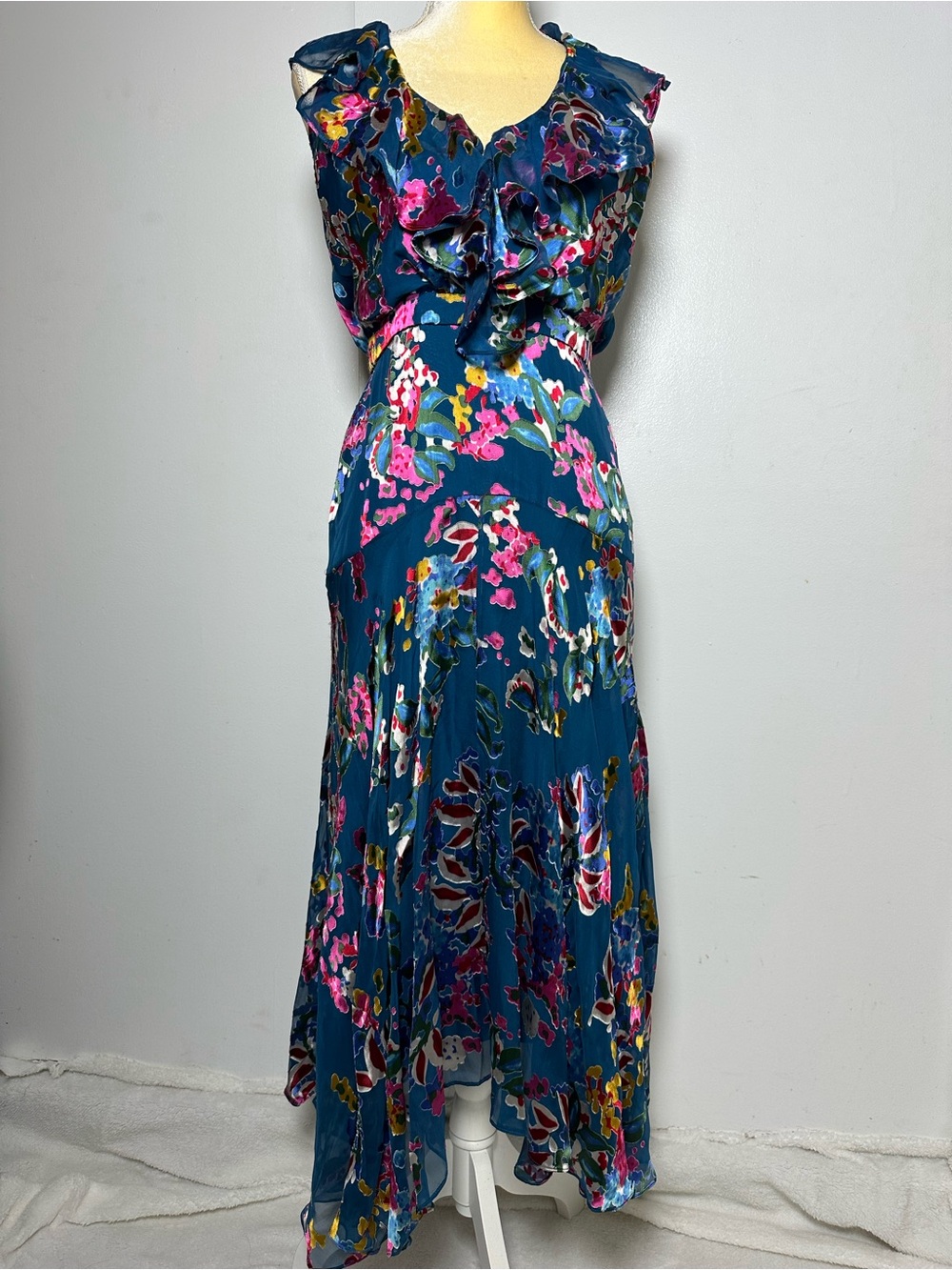 SALONI Rita Silk Floral Ruffle Midi Dress Sz- US 4